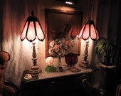 Rare Victorian Tall Pink Italian Lamps, Vtg Pink Slag Glass Gold Gilt Parlor Lamps, Antique Pull Cord Ornate Glass Lamps H 38 quot NO DELIVERY