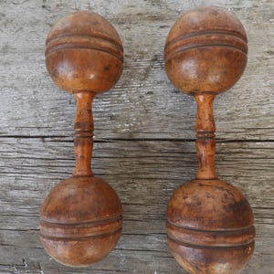 Pair of Wooden Primitive Dumbbells|Antique Exercise Weights|Vtg Distressed Wood Dumbbells L 10.5" x W 3"