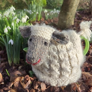 May include: A cream-coloured knitted sheep tea cosy with a grey face and ears, and a red stitched smile. The background shows snowdrop flowers and fallen leaves, in a garden setting.