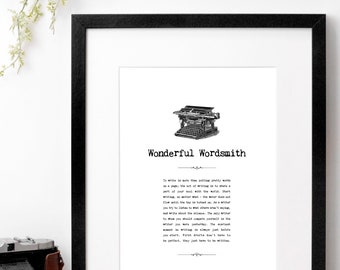 Wonderful Wordsmith Print, Monochrome Wall Art With Quotes, Unique Gift For Writers AP307