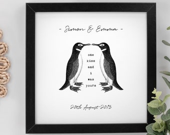 Personalised Penguins Print For Couples, Love 'One Kiss and I Was Yours' Wall Art, Anniversary or Wedding Gift PAP028