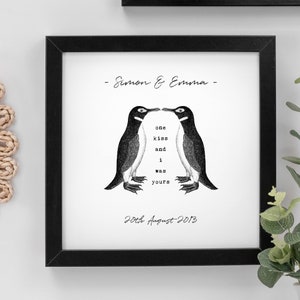 Personalised Penguins Print For Couples, Love 'One Kiss and I Was Yours' Wall Art, Anniversary or Wedding Gift PAP028 image 1