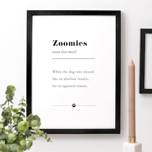 Dog Zoomies Funny Quote Print, Minimalist Dictionary Style Description, Gift For Pet Lovers AP541