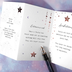 Taurus Geburtstagskarte, 8 Taurus Eigenschaften, Sternzeichen Sternzeichen Banner mit Metallic Celestial Design CC760
