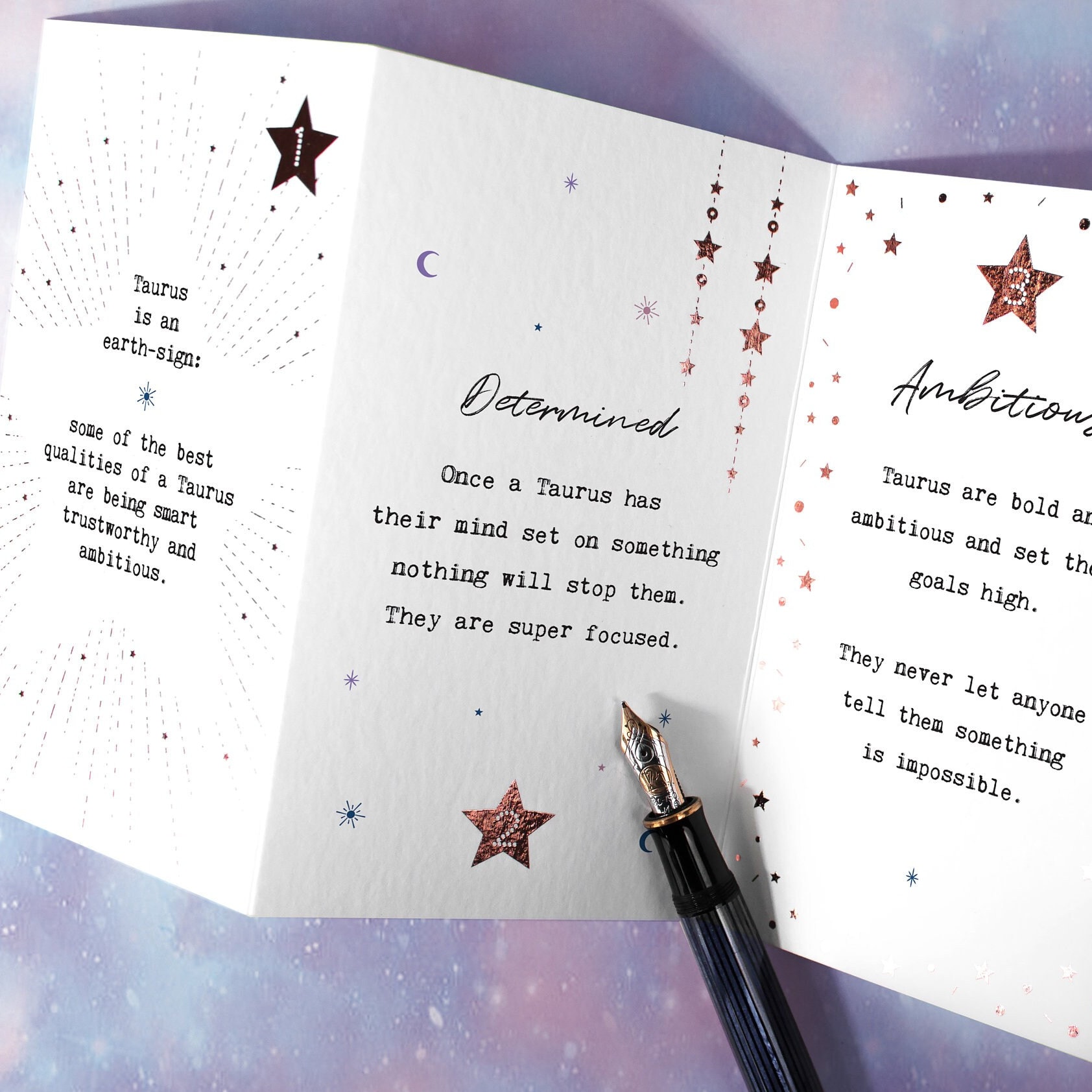 Taurus Birthday Card, 8 Taurus Traits, Star Sign Zodiac Banner with Metallic Celestial Design CC760