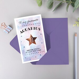 Aquarius Star Sign Zodiac Banner Birthday Card, February Birthdays, Purple Galaxy Pattern CC769 standard