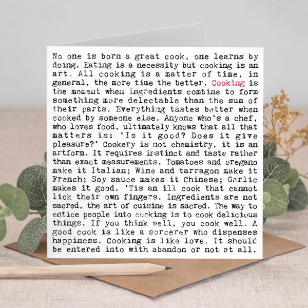 Tarjeta con frases de cocina para chefs y amantes de la gastronomía GC150