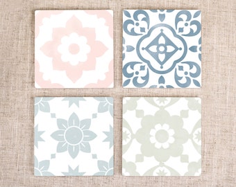 Portuguese Tile Ceramic Coasters, Hand-finished, Choose From Grey, Pink, Green or Blue