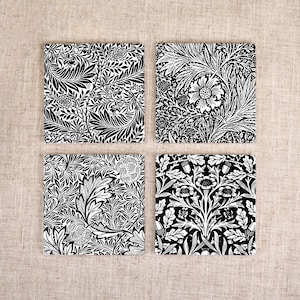 Sottobicchieri in ceramica William Morris, decoro autunnale bianco e nero, set da 4