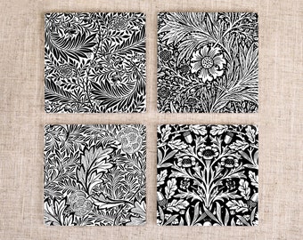 William Morris Ceramic Coasters, Black and White Autumn Decor, Set of 4