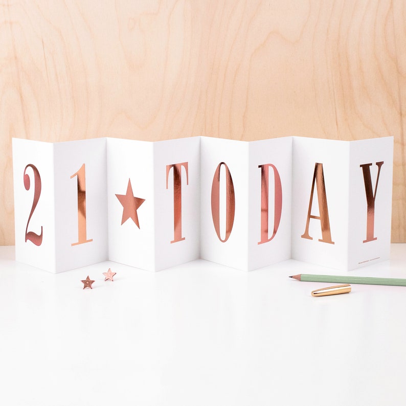 21st birthday banner card in rose gold foil