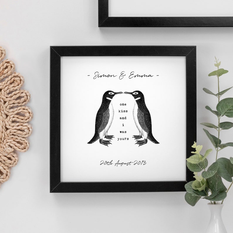 Personalised Penguins Print For Couples, Love 'One Kiss and I Was Yours' Wall Art, Anniversary or Wedding Gift PAP028 image 1