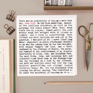 Tarjeta de felicitación de Jane Eyre, extracto de libro, primera página, literatura clásica de Charlotte Brontë, papelería para amantes de la lectura GC1843