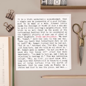 Stolz und Vorurteil Grußkarte, Buchauszug, Jane Austen Classic Literature, Briefpapier für Leseratten