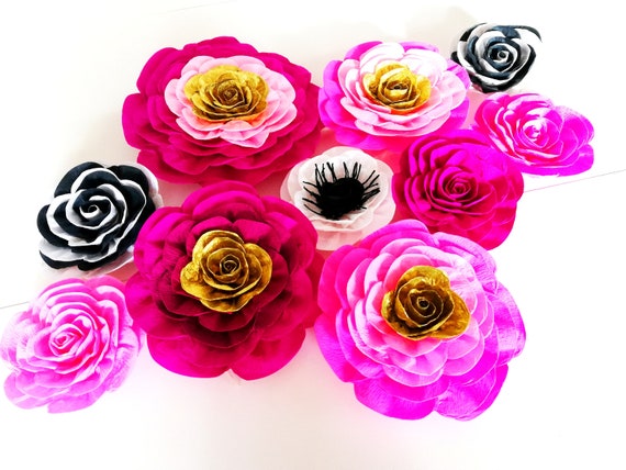 12 large paper flowers decor Wall black gold pink, kate bridal spade, baby shower backdrop mehndi dholki decor arabia night party decoration Il_570xn