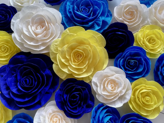 12 Large Paper Flowers, Nursery Wall Royal Boy Blue Yellow White, rubber ducky decorations baby shower backdrop Wedding birthday party giant Il_570xn