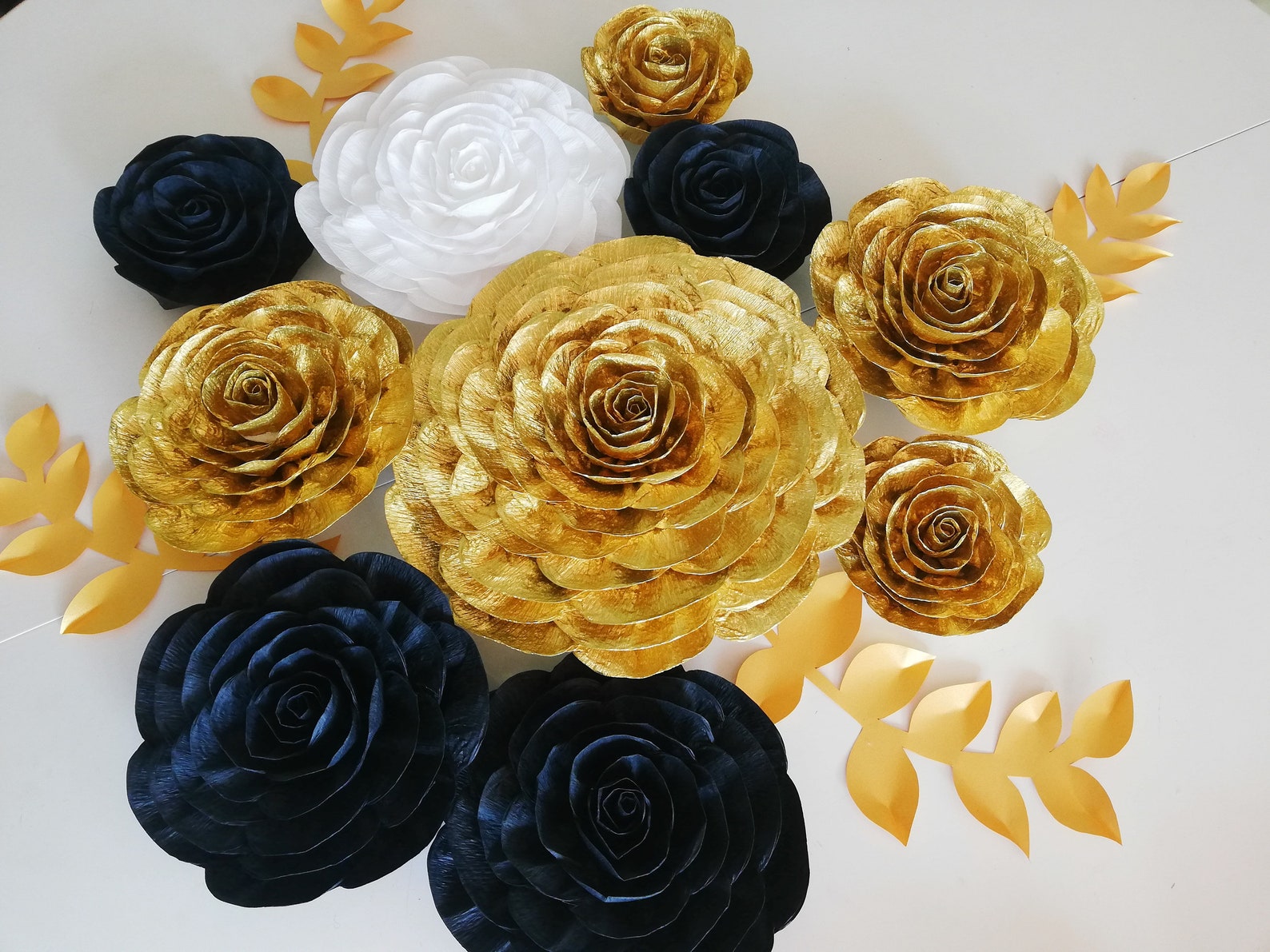 White black Gold crepe paper flowers wall decor large paper Etsy