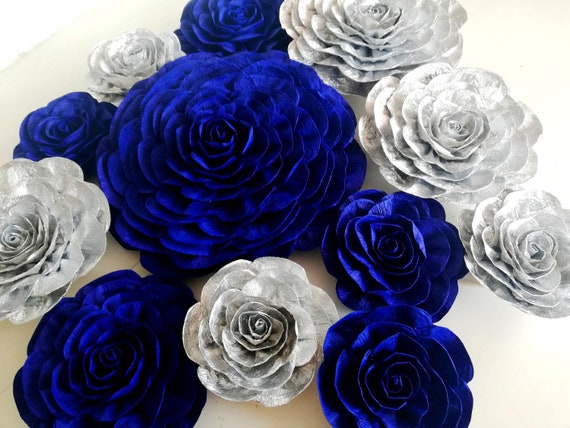 12 large paper flowers Wall silver Navy royal blue bridal shower boy baby Nautical backdrop Wedding birthday party Nursery giant Il_570xn