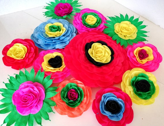 12 large Paper Flowers Wall Decor Colorful Fiesta mexico Flowers Tropical Party wedding backdrop bridal shower baby party Luau Cinco de Mayo Il_570xn