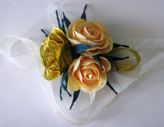 crepe paper flowers wrist corsage rose or boutineers for groomsmen Wedding corsage Bridesmaids mothers bridal cuff bracelet gatsby party Il_570xn