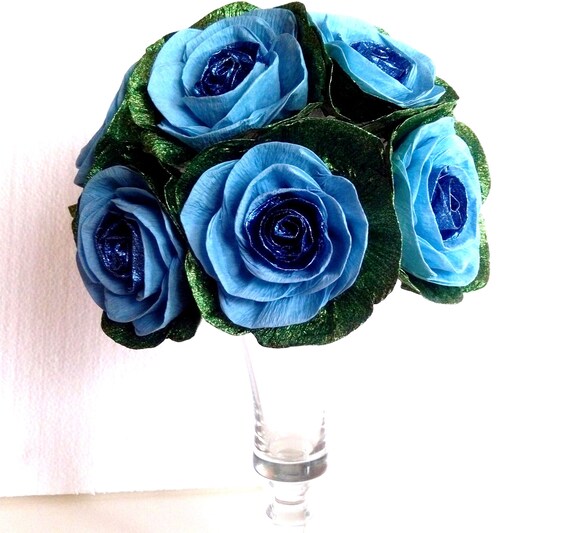 Centerpiece, Peacock Wedding, crepe Paper Flowers, Royal Frozen Elsa Anna glitter Cupcake topper blue Teal Navy Table decor wall birthday Il_570xn