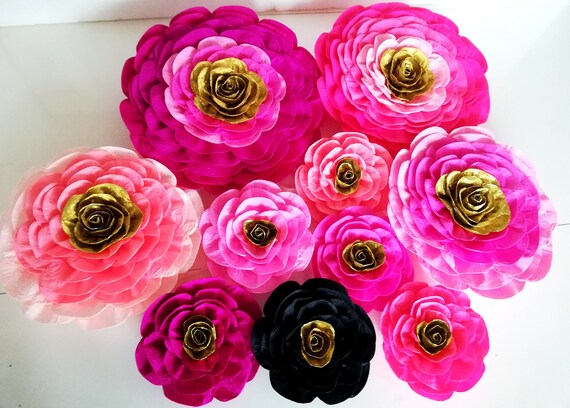 10 large paper flowers Pink Gold bridal Kate shower Spade girl wall Decor baby shower Nursery bakdrop Birthday Party Il_570xn
