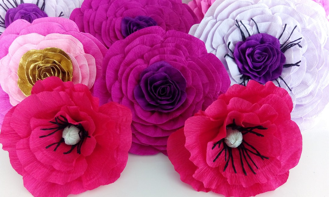10 Large Crepe Paper Flowers Wall Decor, Poppy Flowers Nursery Wall