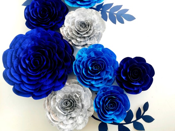 12 large paper flowers Wall decor Navy royal blue silver bridal shower boy baby backdrop Nautical Wedding birthday party Nursery wall decor Il_570xn