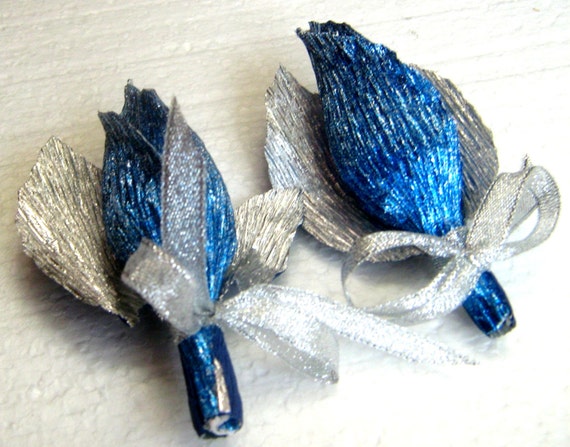 wedding boutineers for groomsmen Royal blue silver rose bud glitter Navy cobalt, winter onederland mens peacock beach, rosebud boutonniere Il_570xn
