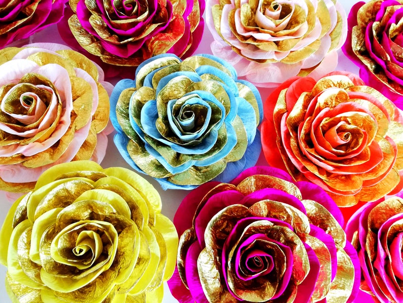 10 large paper flower wall decor mehndi backdrop Royal gold baby shower moroccan arabian nights sangeet Indian Wedding Hindu Bollywood Party image 2