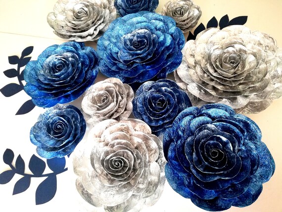 large paper flowers Wall decor silver Navy royal blue bridal shower boy baby shower backdrop Wedding decor birthday party Frozen Cinderella Il_570xn
