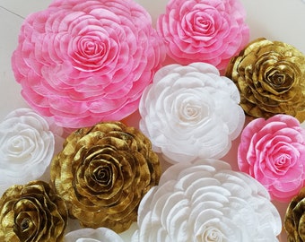 12 Large Paper Flowers Wall Decor Pink Gold Girls Nursery Backdrop bridal shower baby Engagement Wedding baptism birthday party