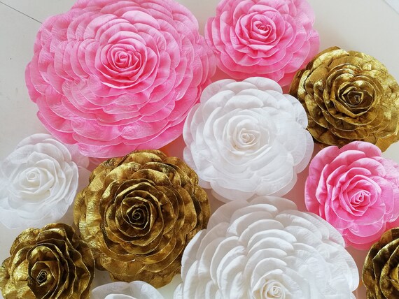 12 Large Paper Flowers Wall Decor Pink Gold Girls Nursery Backdrop bridal shower baby Engagement Wedding baptism birthday party Il_570xn