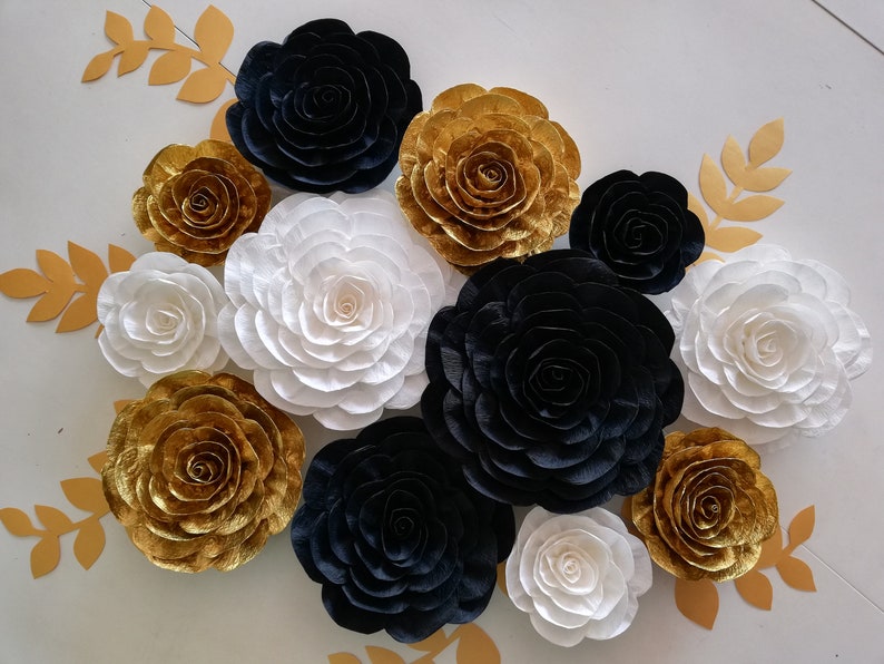 White black Gold, crepe paper flowers wall decor, large paper flowers roses, eid baby shower bridal, sweet 16 Gatsby, Gold Black Birthday image 8