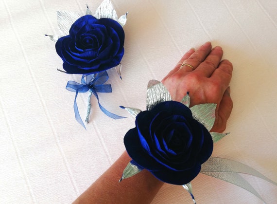 set 2 Royal Navy Blue silver gold cobalt wedding Paper flower rose buttonholes glitter blue gold wrist corsage boutineers for groomsmen Il_570xn