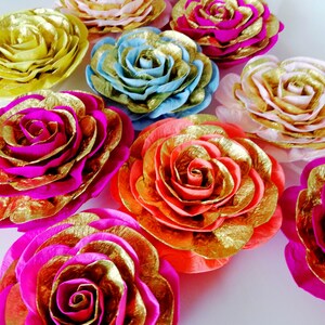 10 large paper flower wall decor mehndi backdrop Royal gold baby shower moroccan arabian nights sangeet Indian Wedding Hindu Bollywood Party image 7