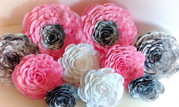 12 crepe paper flowers Wall decor, large flowers wedding backdrop Engagement, silver pink girl baby shower, first birthday party sweet 16 Il_570xn