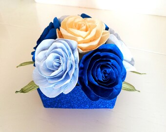 Centerpiece, baby shower, boy Royal Prince, Navy Blue Silver, Paper Flower, table decor, Cobalt beach wedding, birthday baptism party bridal