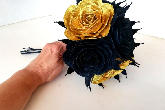 Black Gold Crepe Paper Flowers 6 Roses Bouquet Great Gatsby Gift