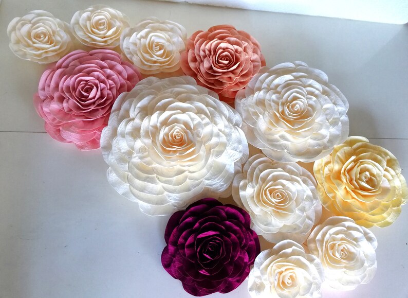 12 Large Paper Flowers Wall decor crepe any colors Wedding Photo backdrop communion baptism bridal baby shower flowers birthday party decor