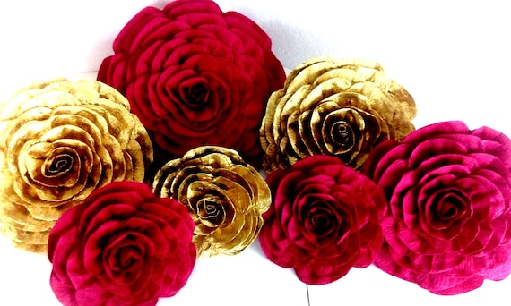 Royal Red Gold Black 10 Large Paper Flowers Wall Decor Bridal Etsy