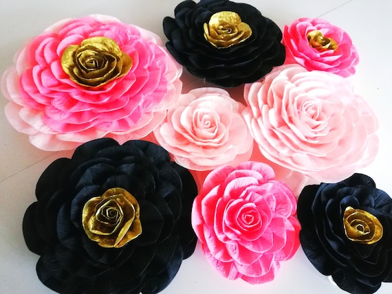girls Nursery Room, Large Paper Flowers, Wall Decor, Gold black Coral Pale blush Pink Peach, Baby Shower spade, bridal kate birthday party Il_570xn