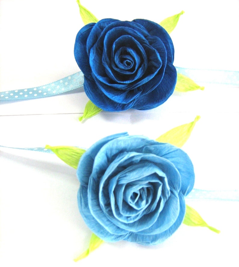 guest pin, corsage, navy Royal blue Bridesmaid bridal, boy Baby Shower, baptism sea beach wedding mother cuff bracelet crepe paper flower image 3