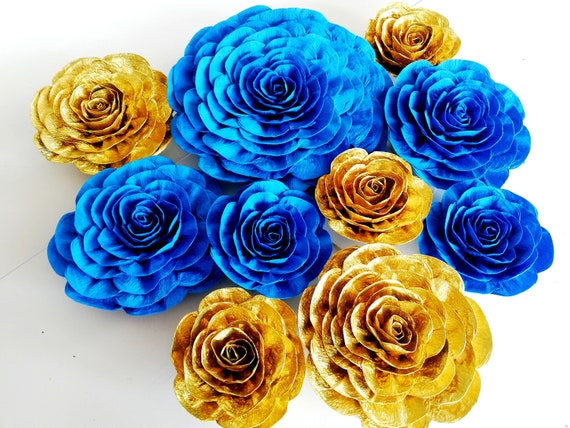 cobalt Navy Blue Gold Large Paper Flowers Wall decor backdrop Wedding Prince Boy Baby Shower Baptism bautizo Bridal arabia party christening Il_570xn