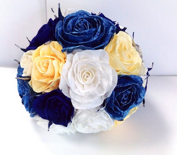 beauty and the beast , Royal Blue Silver, Wedding bridal Bouquet bridesmaid navy, crepe paper flowers glistening , beauty the beast wedding Il_570xn