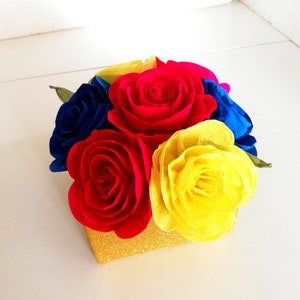 beauty and the beast wedding, Centerpieces, yellow red blue Paper flowers table decor bridal Shower Baby Shower Bouquet Belle Birthday Party