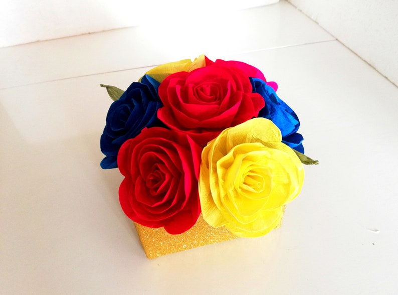 beauty and the beast wedding, Centerpieces, yellow red blue Paper flowers table decor bridal Shower Baby Shower Bouquet Belle Birthday Party image 1