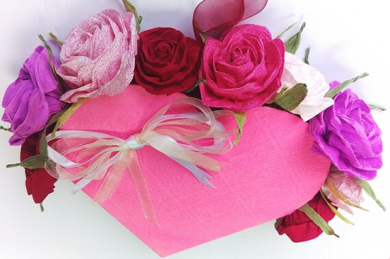 Love heart decor, crepe paper rose flowers, purse gift bag, valentines day Gifts for Her, Wedding decor home, Valentine gift mom rose heart Il_570xn