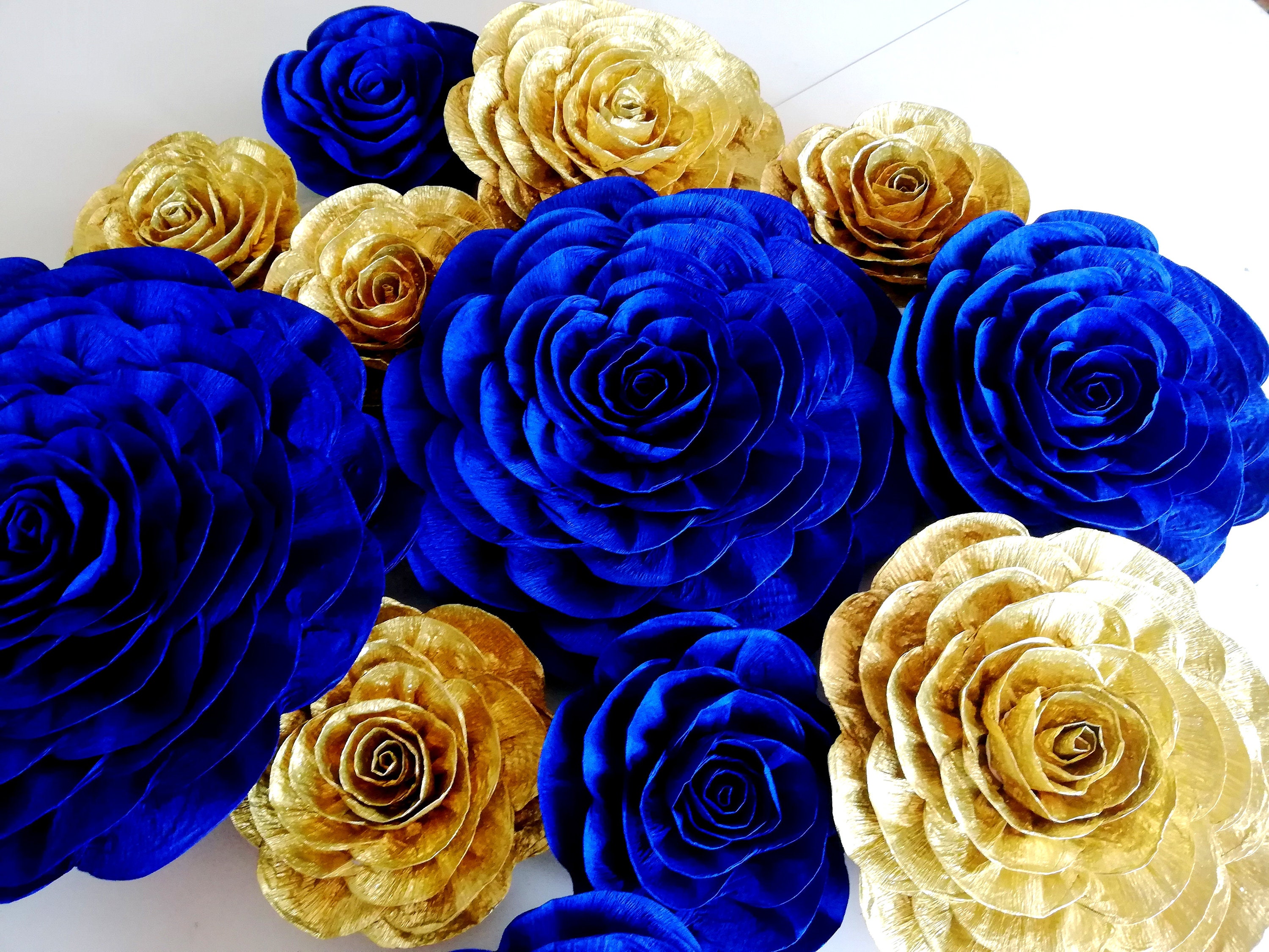 Royal blue gold large paper flowers Wall decor Prince bridal Etsy