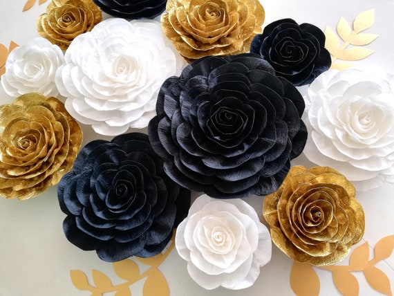 12 White Gold black large paper flowers wall decor, wall decorations Gatsby paris wedding, hen party decorations bridal baby shower Birthday Il_570xn